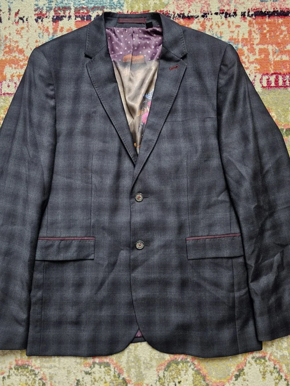 Ted Baker Men's Blazer Sport Coat Size 4 Measures 40R Gray Plaid 100% Wool